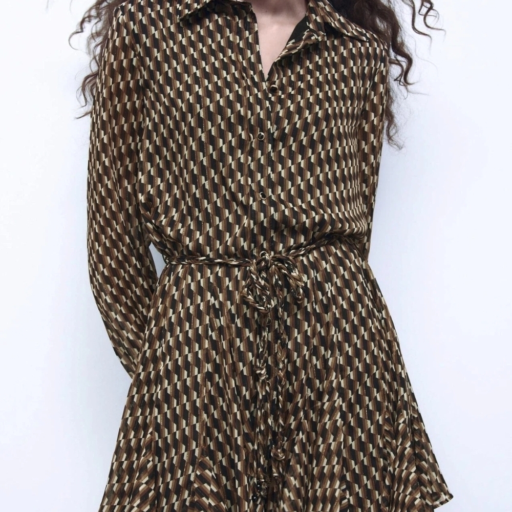 Zara Brown Geometric Long Sleeve Shirt Dress